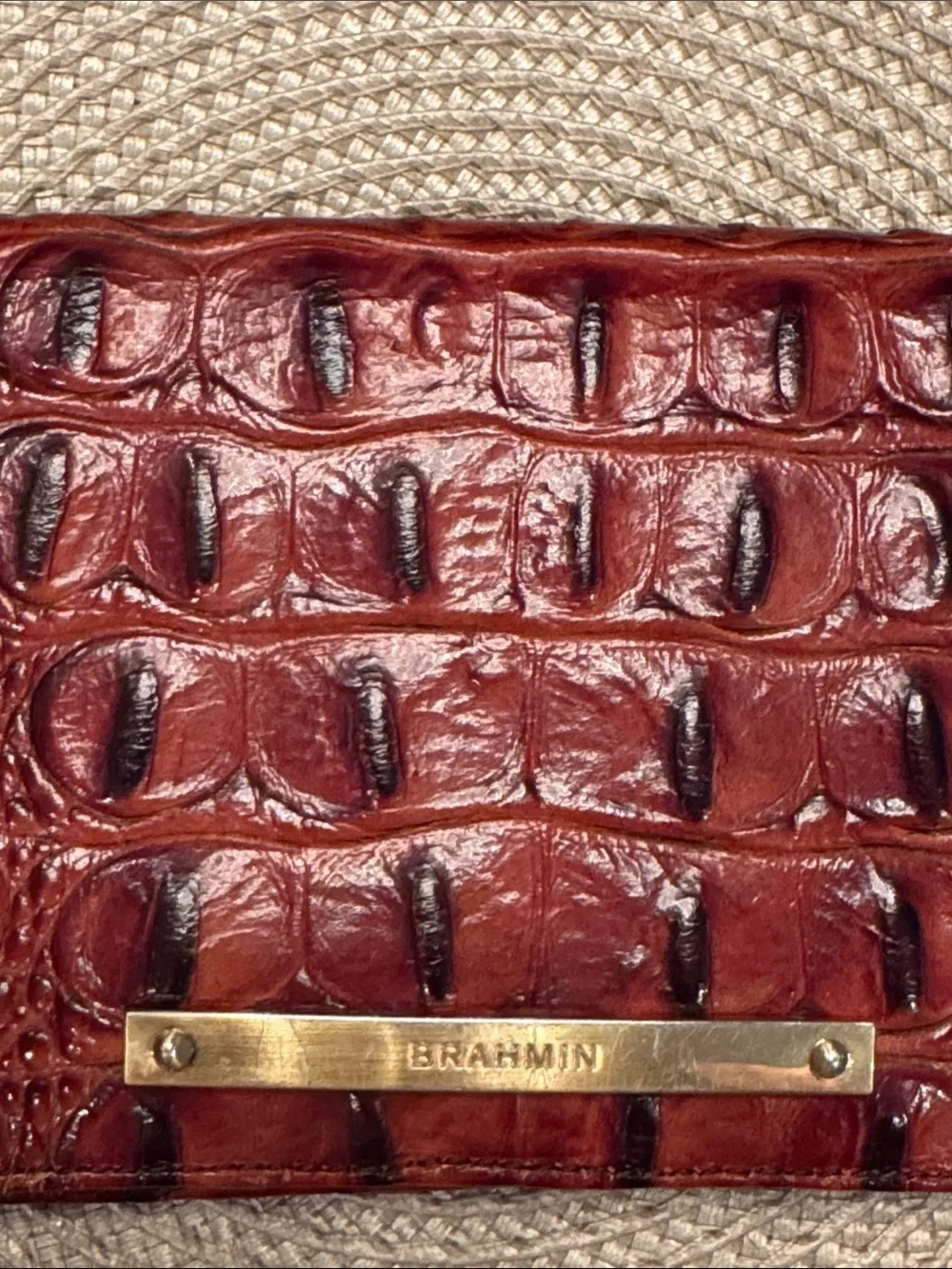 Brahmin Burgundy Croc-Embossed Leather Clutch with Gold Plate